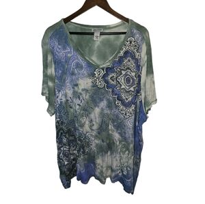 Catherine's Fairycore Tunic Short Sleeve Whimsy Tie Dye Top Jewel Detail 3X Plus